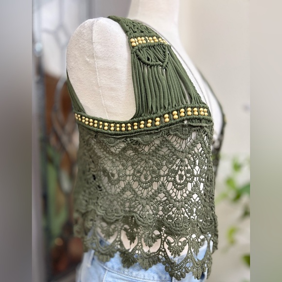U-style Olive Green Macrame Crochet Gold Tone Beaded Festival Ready Cropped Vest - Picture 3 of 8